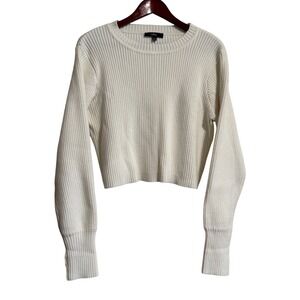 Lulus Womens Ivory White Ribbed Knit Cropped Sweater Thumbhole Cuffs Large